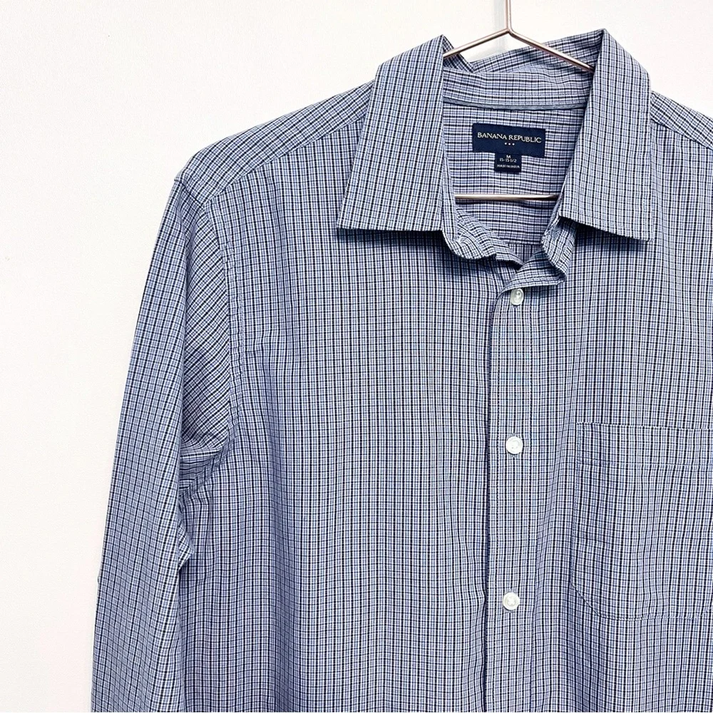 banana republic | blue micro plaid cotton button down shirt m 15-15.5